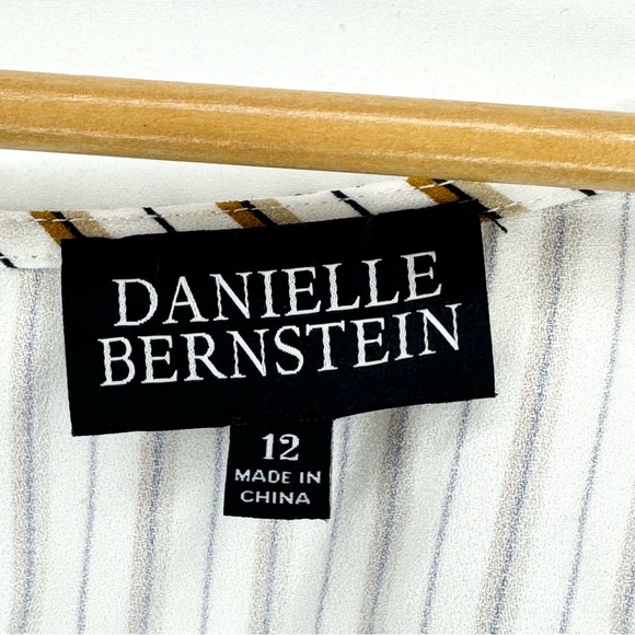 DANIELLE BERNSTEIN Puff Sleeve Cream and Brown Striped Midi Dress w/ Slit Sz 12 - Picture 6 of 8